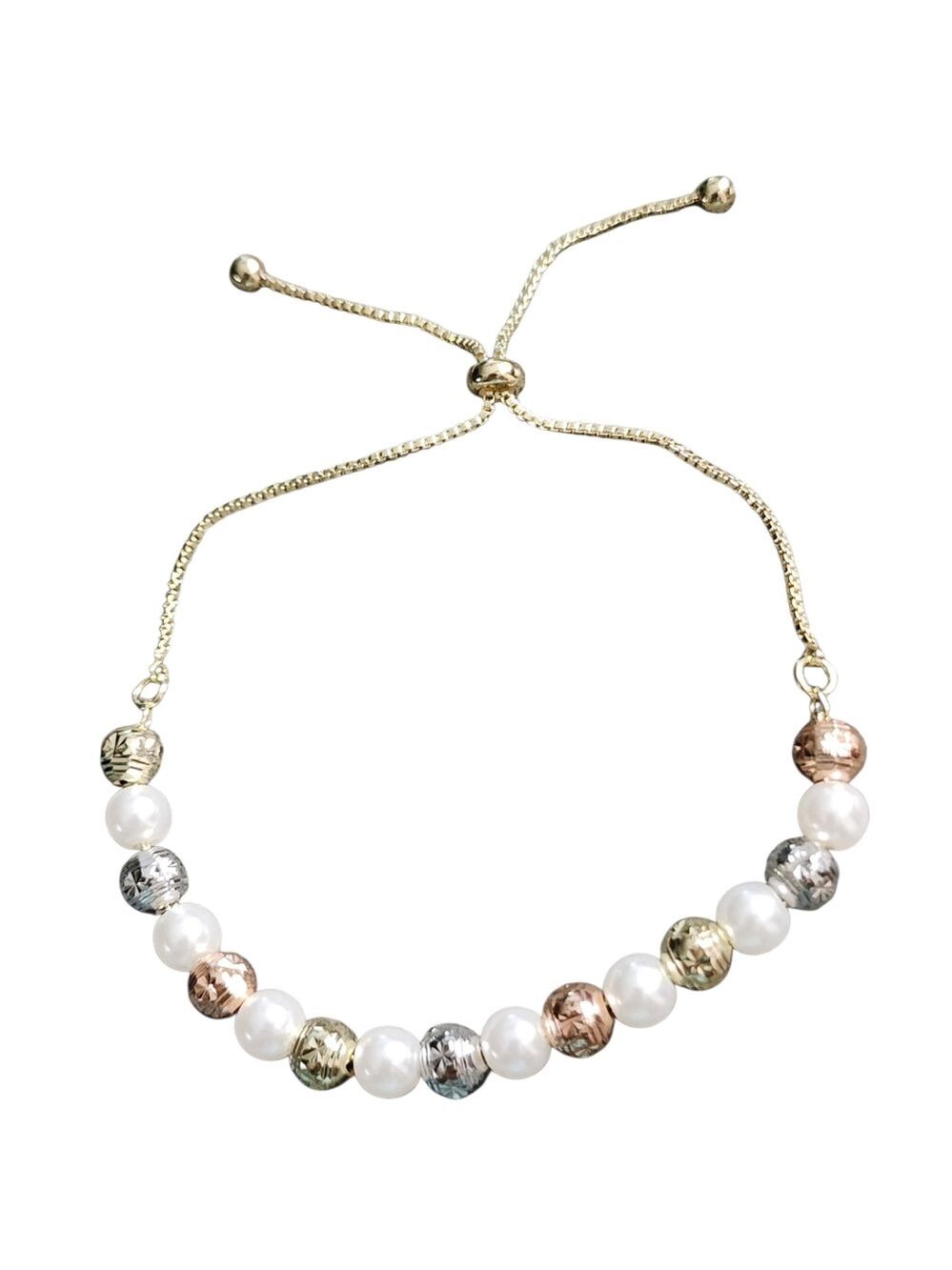 Pretty Bird Jewelry Tri Tone Pearl Beaded Bracelet 18kt Gold Plated
